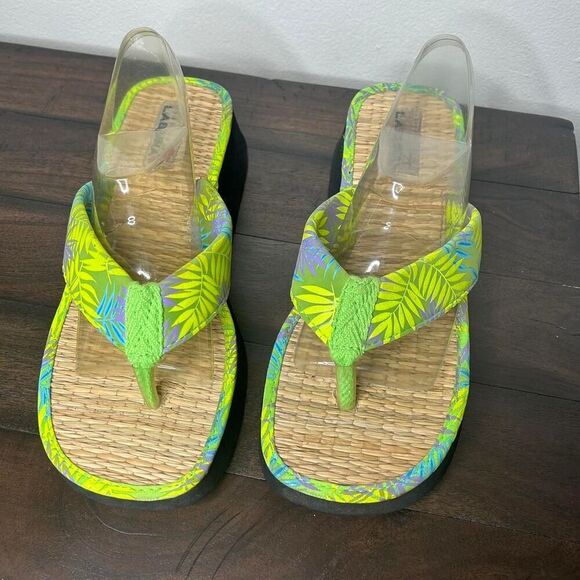 Vintage 90s 1990s Y2k 2000s Block Heel Square Toe shoes Tan and Green Sandals - Picture 3 of 8